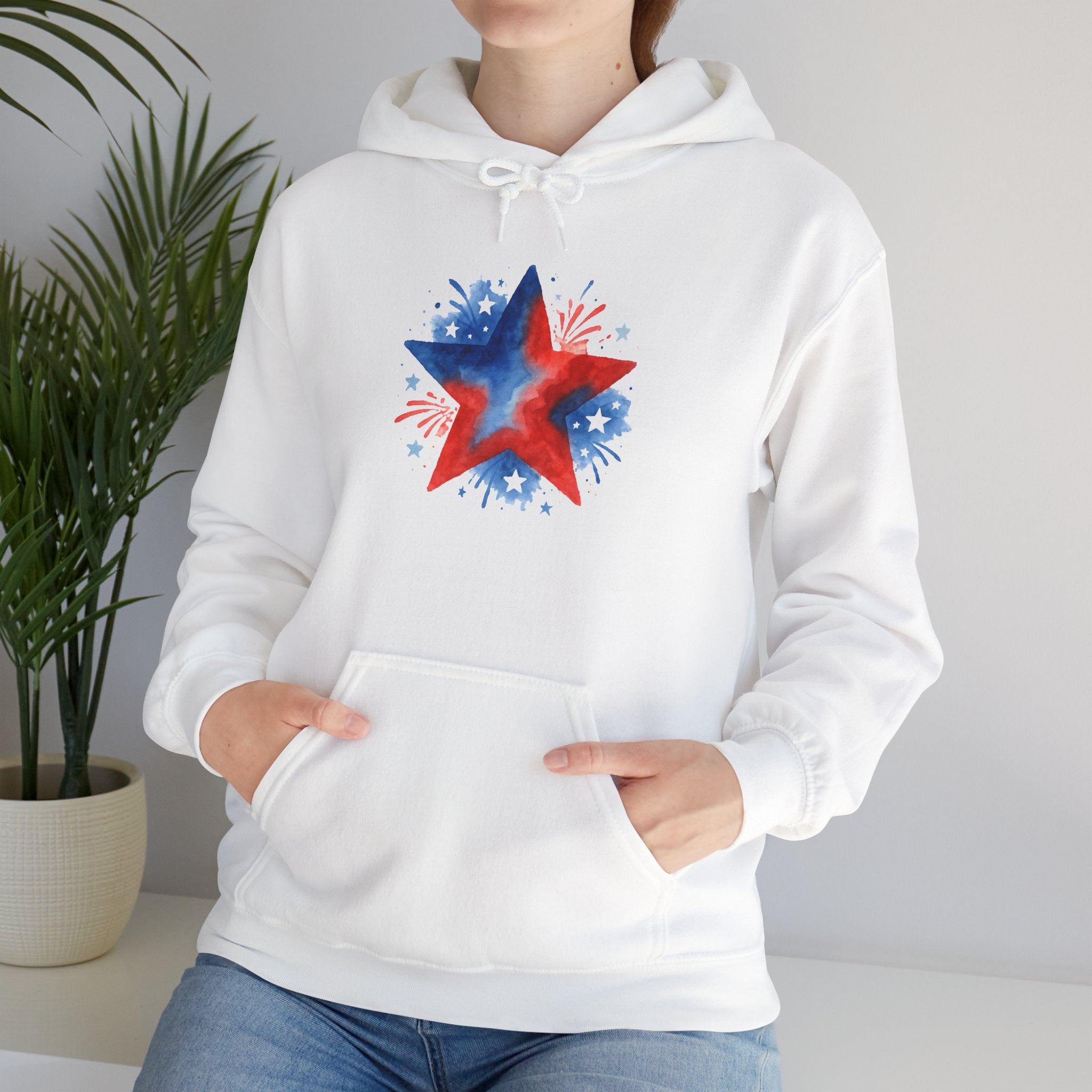Patriotic Red & Blue Star Hoodie — 4th of July Firework Sweatshirt