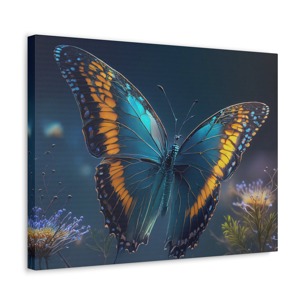 Blue & Gold Butterfly Stretched Canvas Wall Art — Dreamy Nature Print