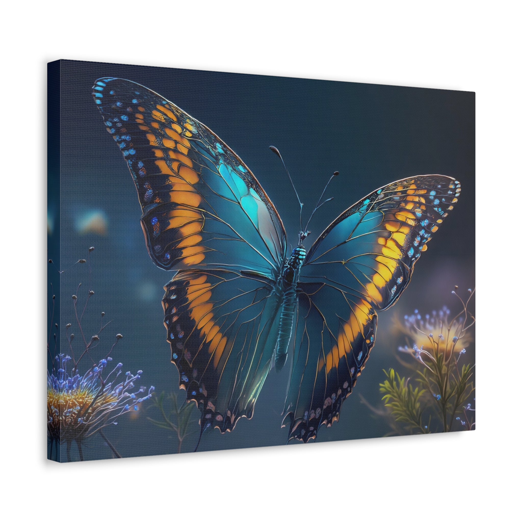 Blue & Gold Butterfly Stretched Canvas Wall Art — Dreamy Nature Print