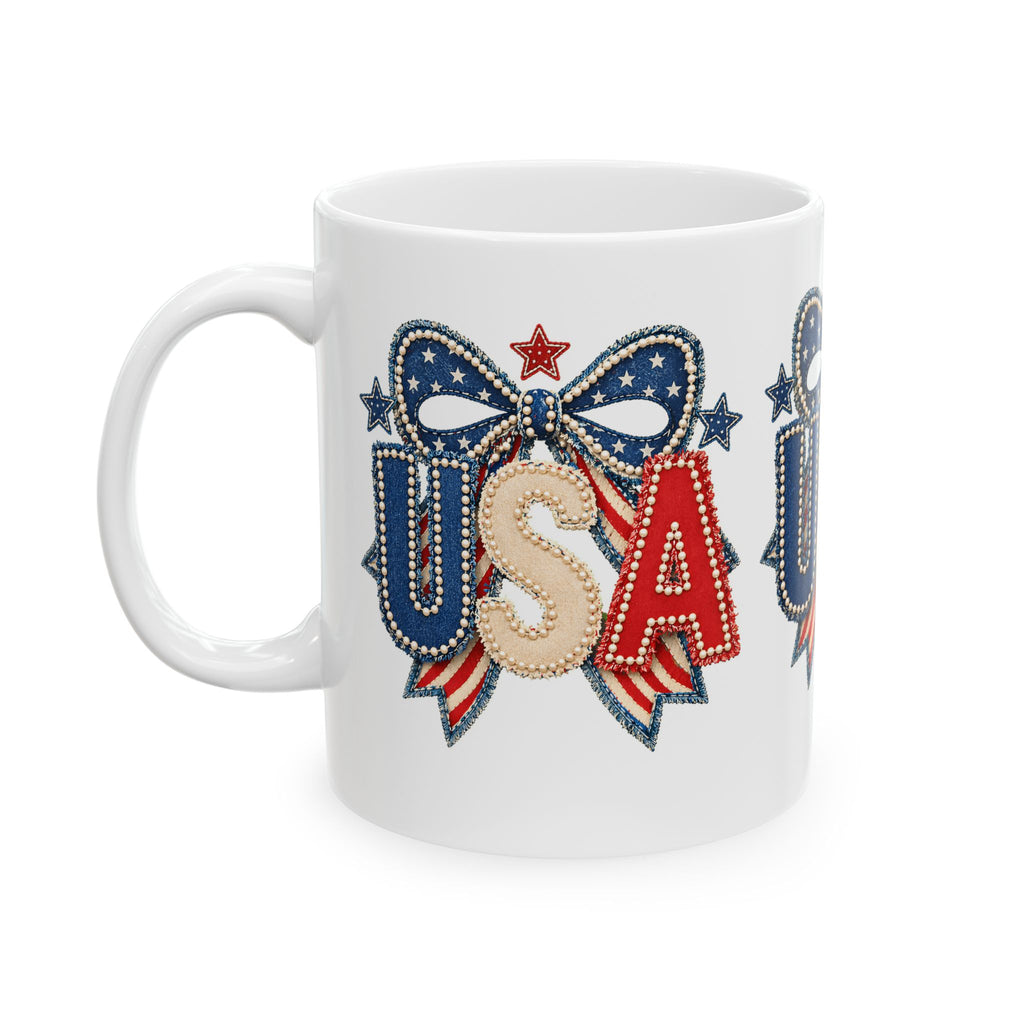 USA Patriotic Ceramic Mug with Bold Red White Blue Design