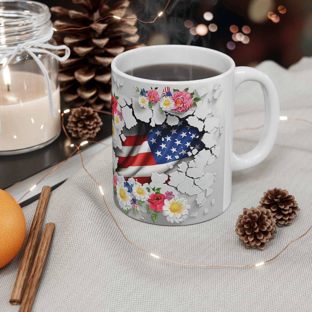 Floral American Flag Ceramic Mug - Patriotic Design