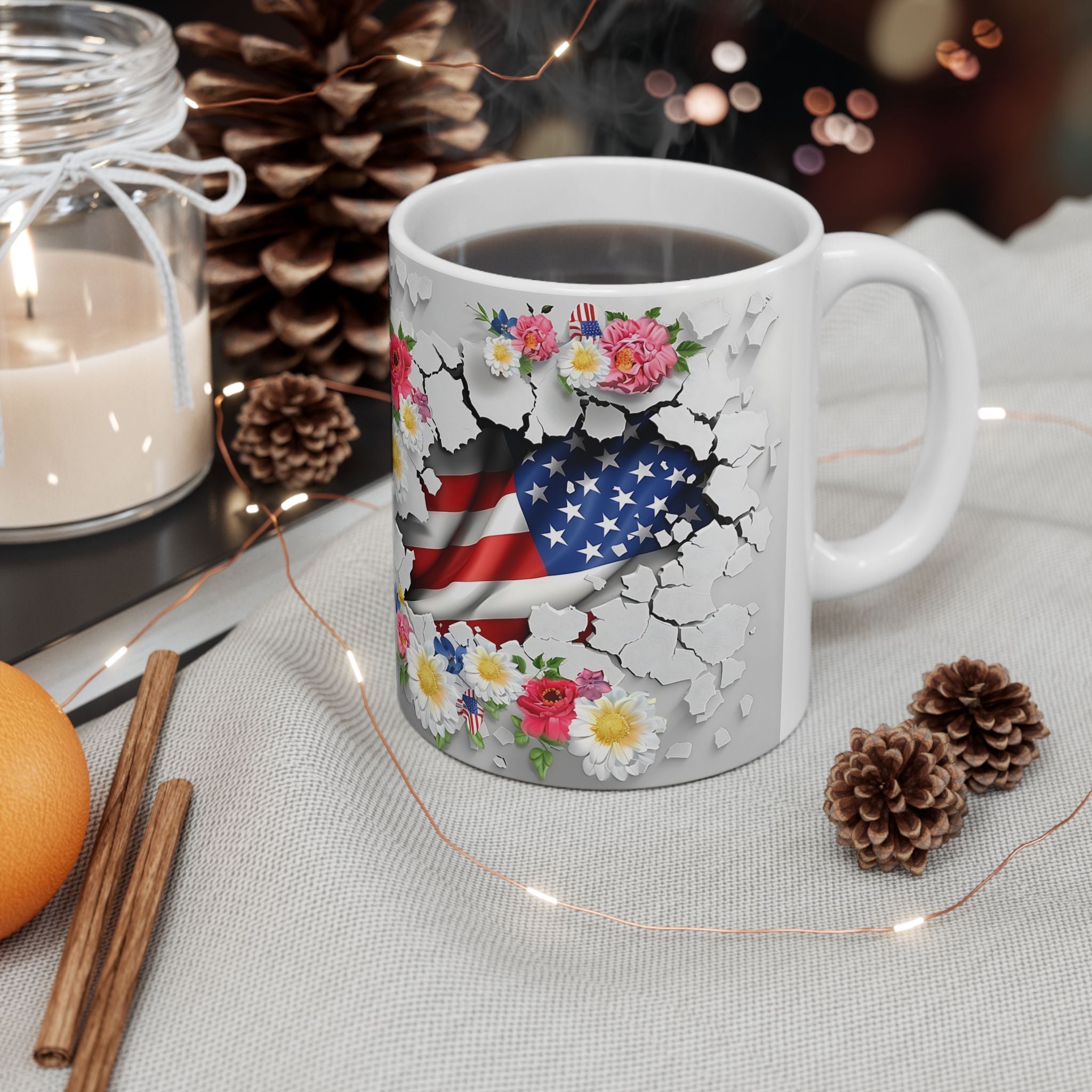 Floral American Flag Ceramic Mug - Patriotic Design