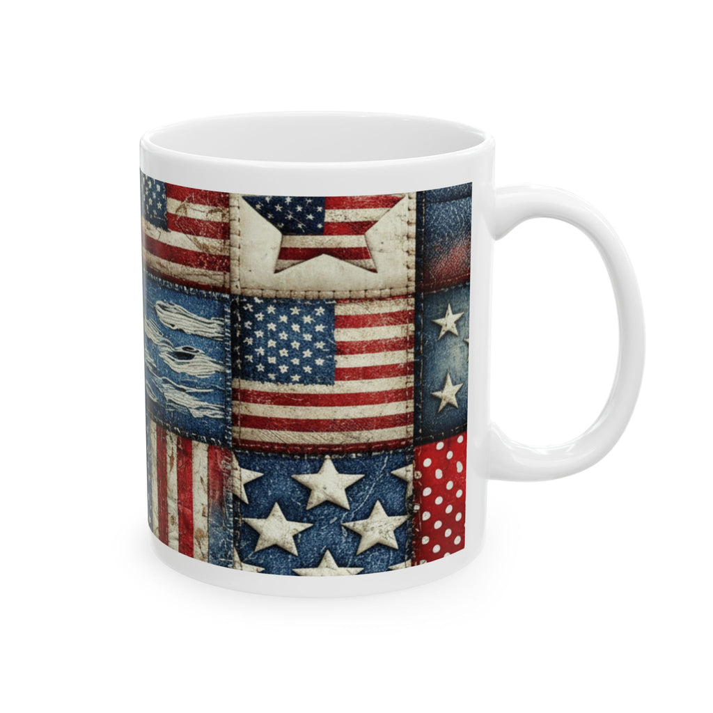 Patriotic Patchwork Ceramic Mug with American Flag Design