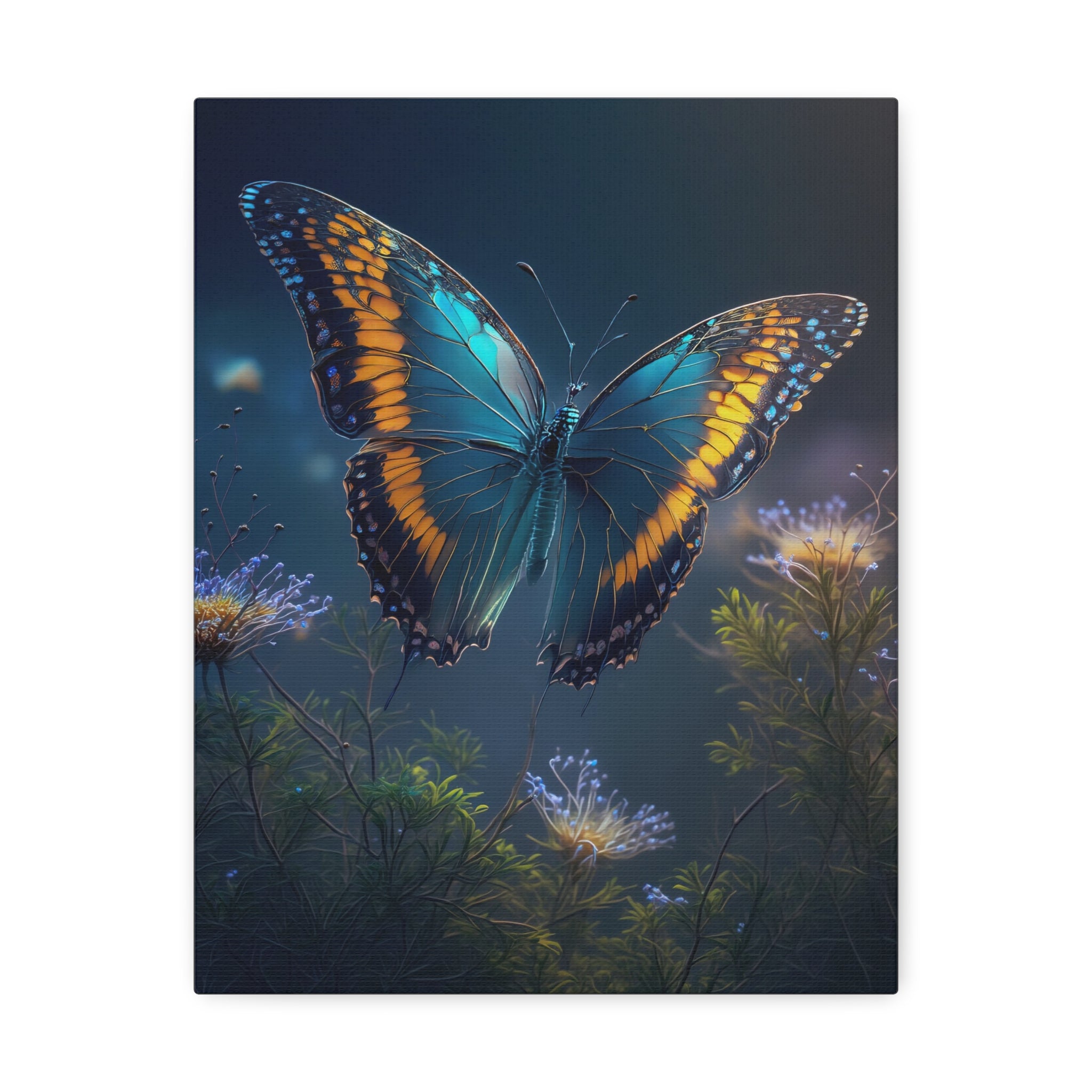 Blue & Gold Butterfly Stretched Canvas Wall Art — Dreamy Nature Print
