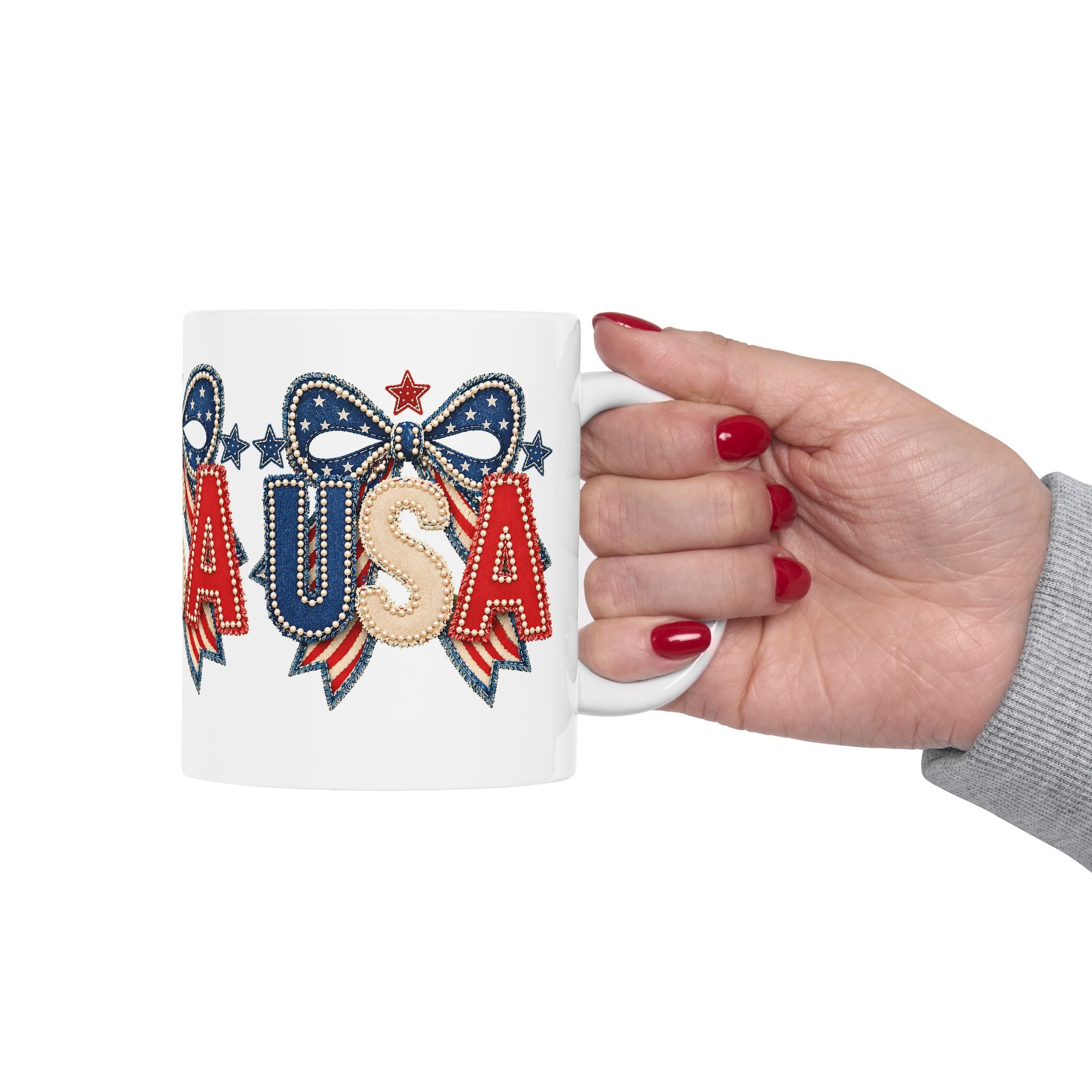 USA Patriotic Ceramic Mug with Bold Red White Blue Design