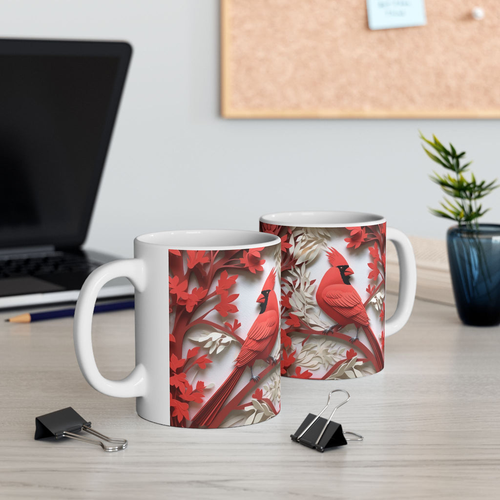 Red Paper-Cut Floral Ceramic Mug (11oz & 15oz) — Botanical Symmetry Coffee Cup