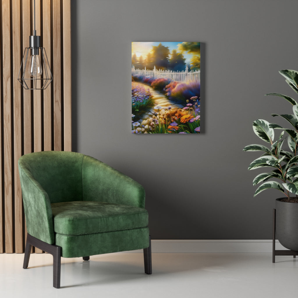 Sunlit Garden Path Stretched Canvas – Colorful Floral Landscape Wall Art