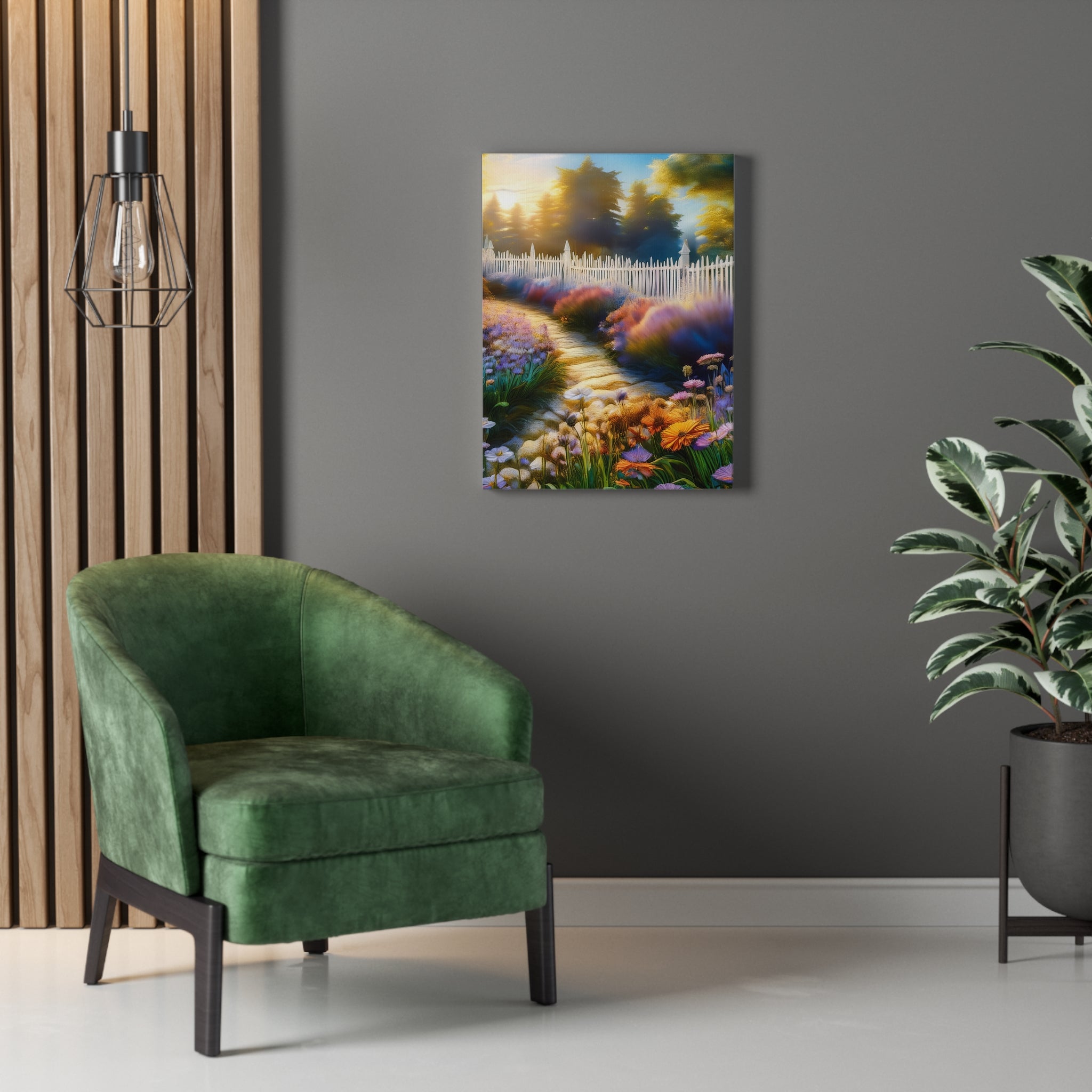 Sunlit Garden Path Stretched Canvas – Colorful Floral Landscape Wall Art