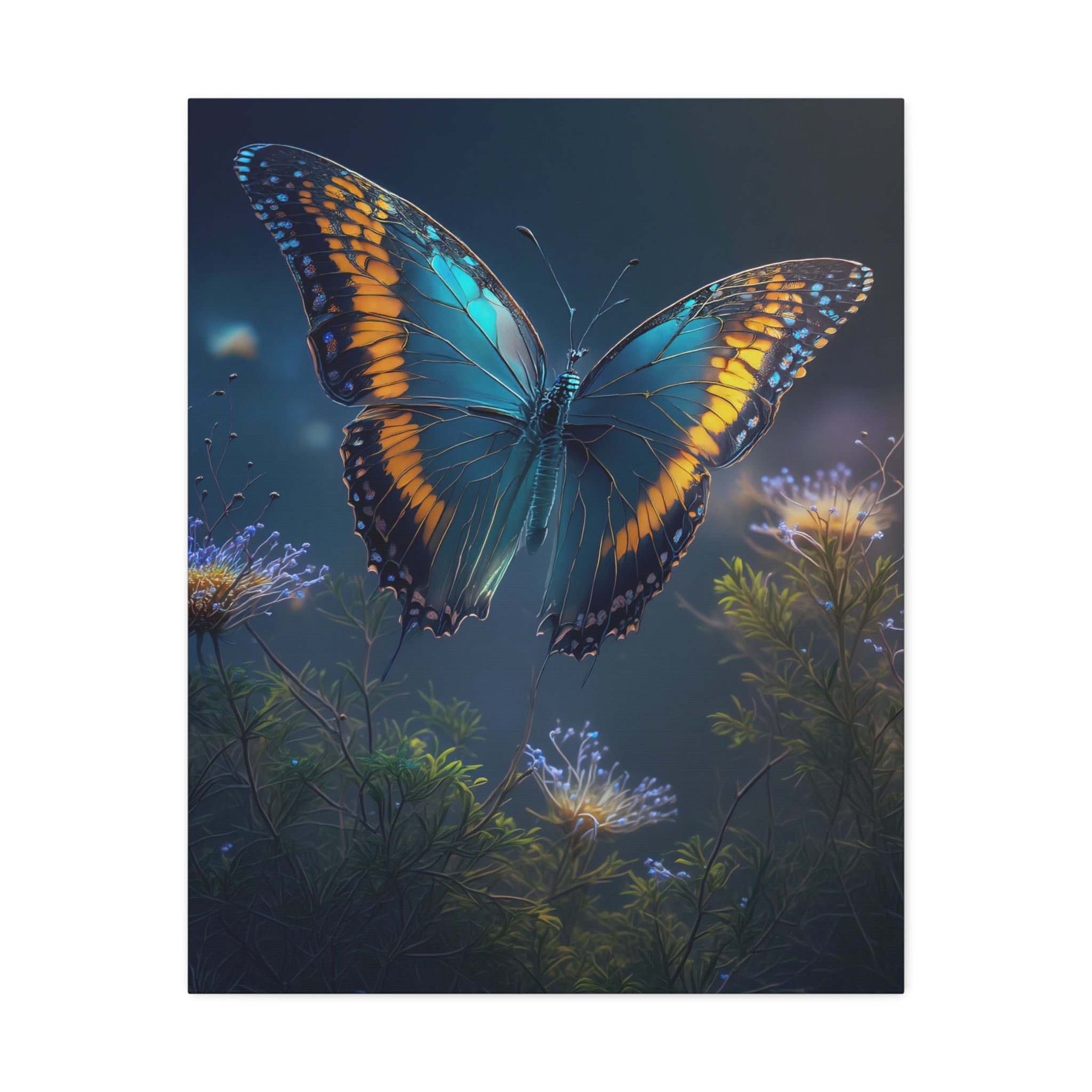 Blue & Gold Butterfly Stretched Canvas Wall Art — Dreamy Nature Print