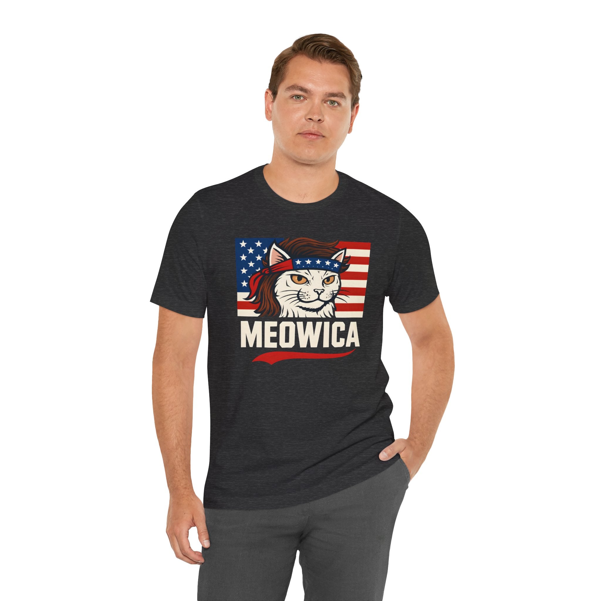 T-Shirt — "Meowica" Patriotic Cat Tee (American Flag, Funny 4th of July Shirt)