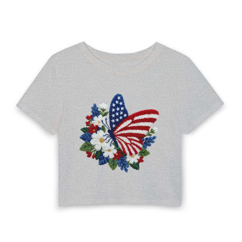 Patriotic Butterfly Floral Baby Tee - A Breezy Crop Top