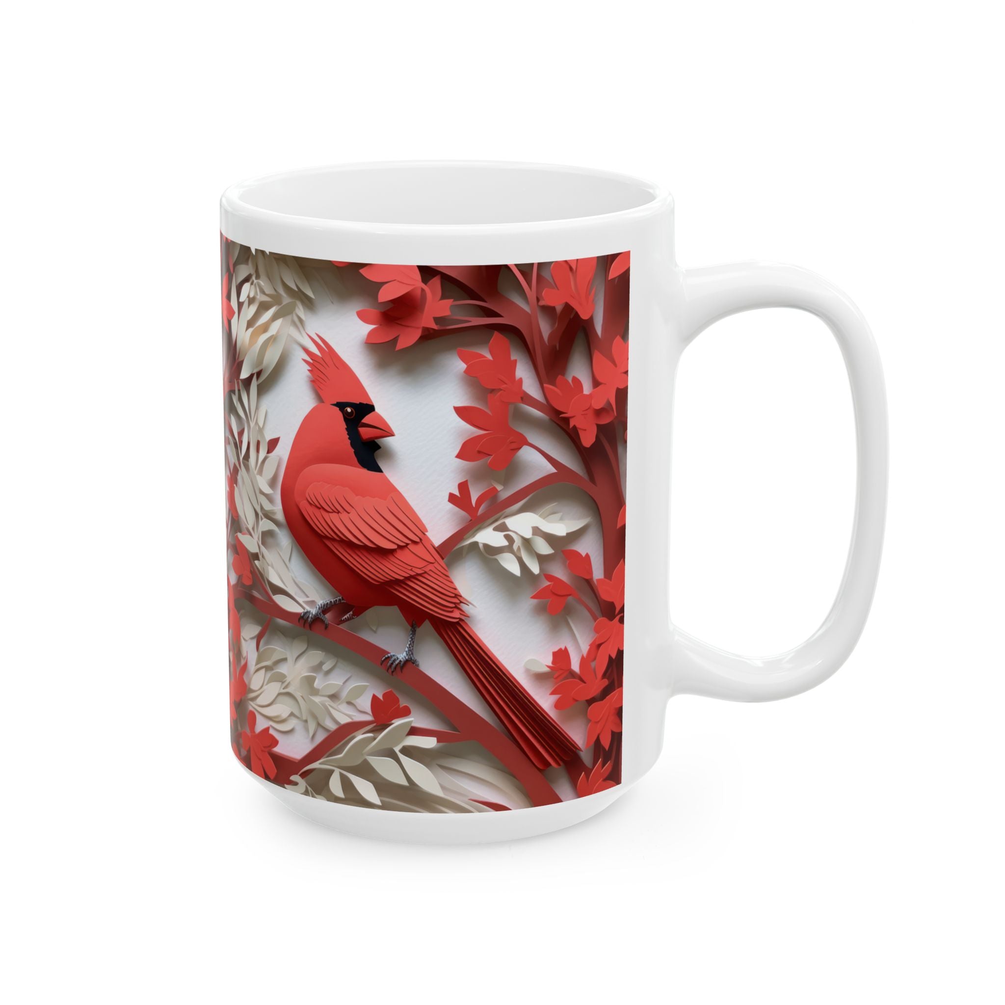 Red Paper-Cut Floral Ceramic Mug (11oz & 15oz) — Botanical Symmetry Coffee Cup