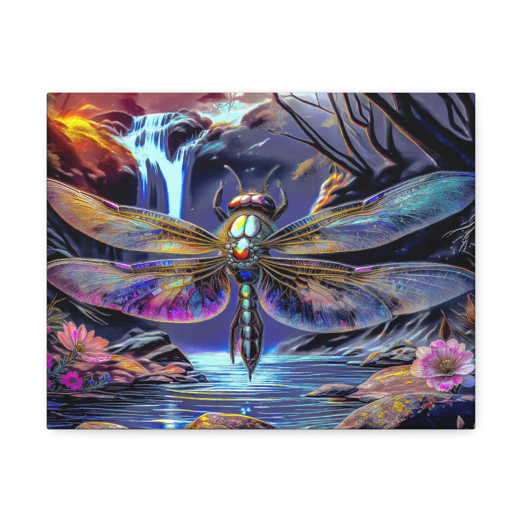 Dragonfly Fantasy Stretched Canvas Wall Art — Colorful Waterfall Nature Scene