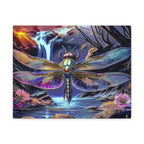 Dragonfly Fantasy Stretched Canvas Wall Art — Colorful Waterfall Nature Scene