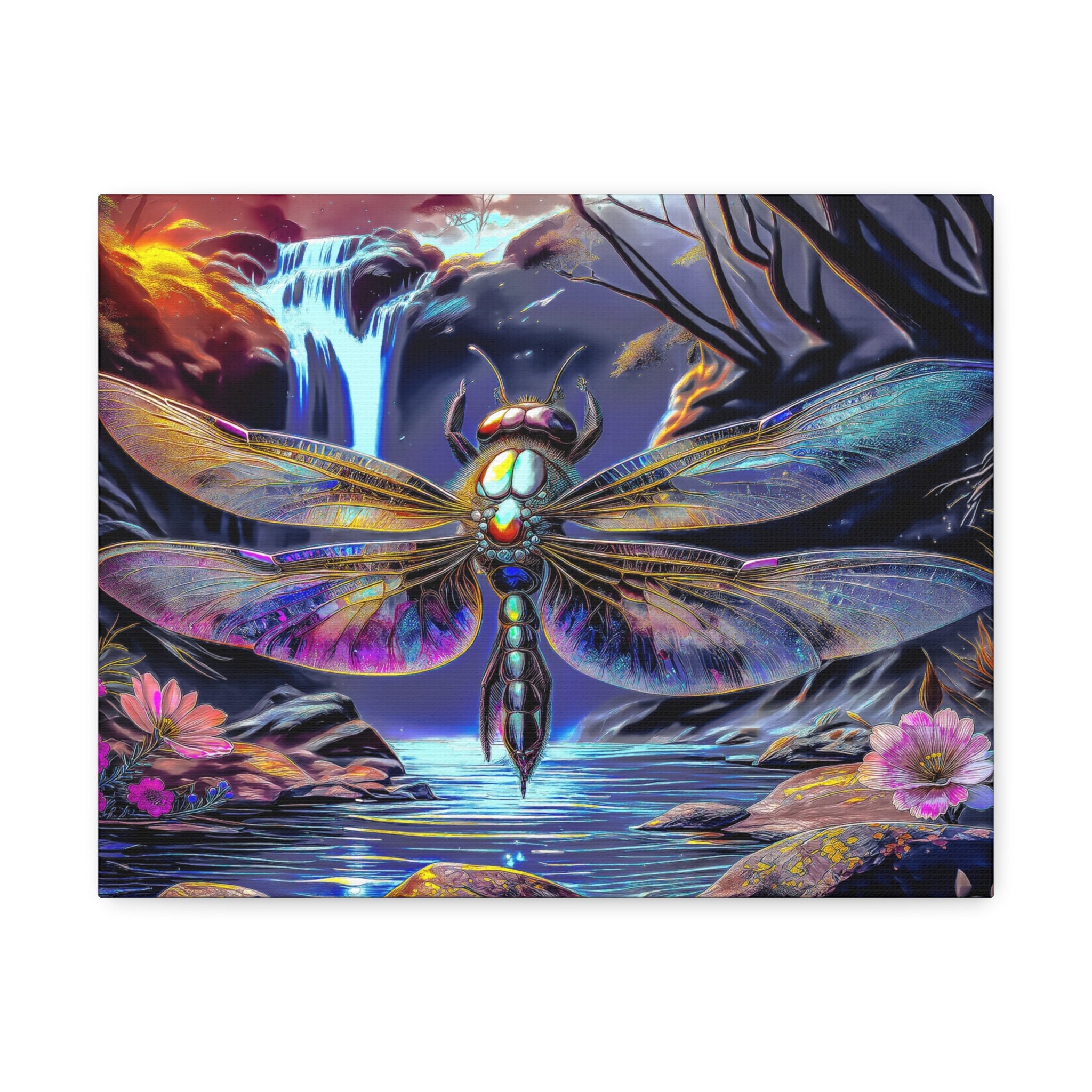 Dragonfly Fantasy Stretched Canvas Wall Art — Colorful Waterfall Nature Scene
