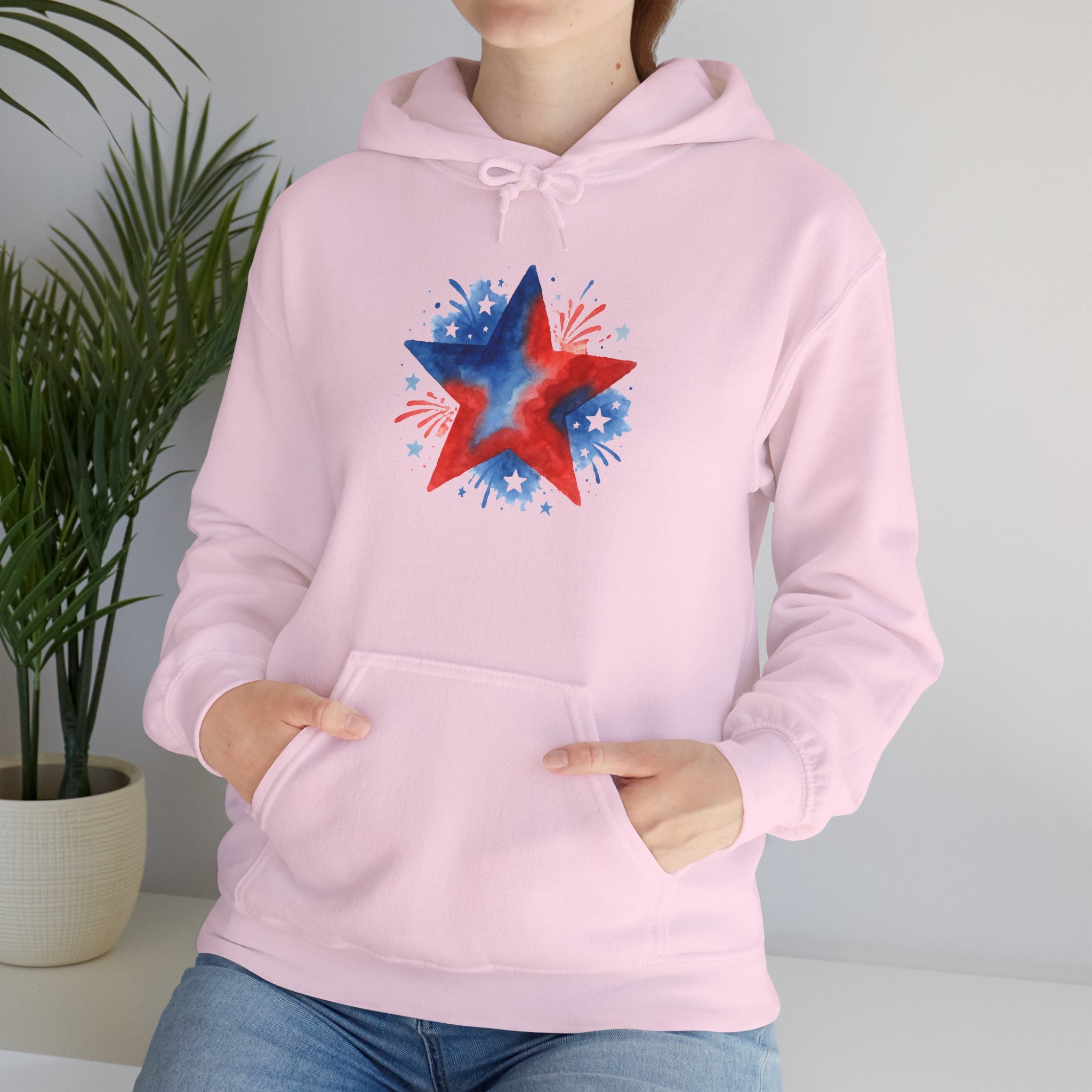 Patriotic Red & Blue Star Hoodie — 4th of July Firework Sweatshirt