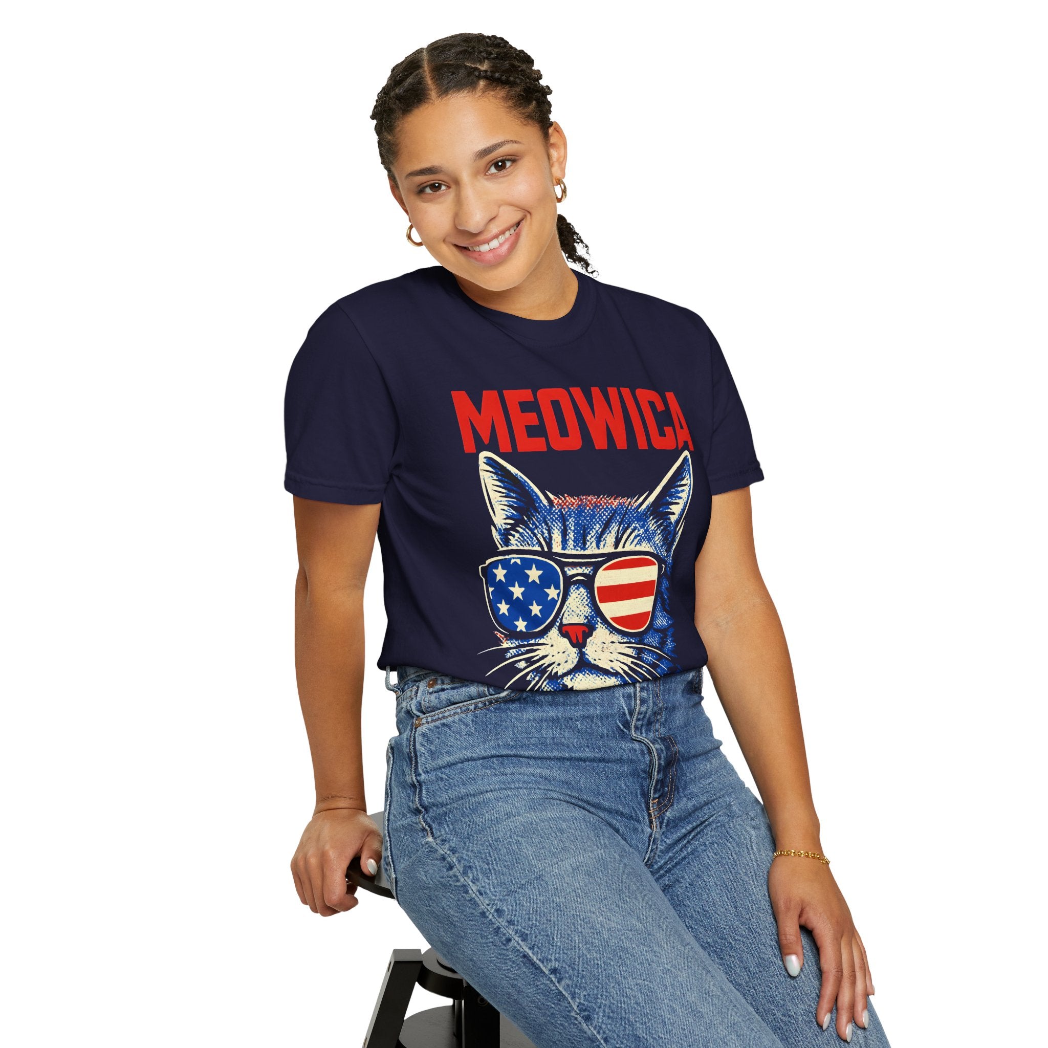 Meowica Cat T-Shirt — Patriotic American Flag Sunglasses Tee