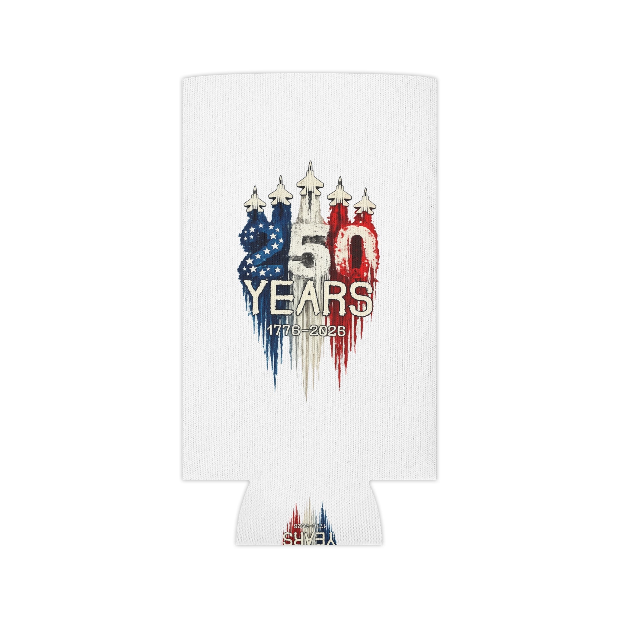 50 Years 1776–2026 Patriotic Can Cooler — American Flag Jet Anniversary