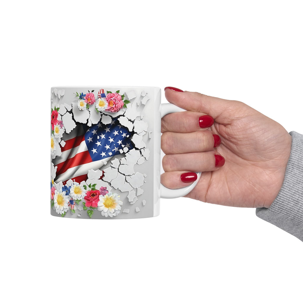 Floral American Flag Ceramic Mug - Patriotic Design