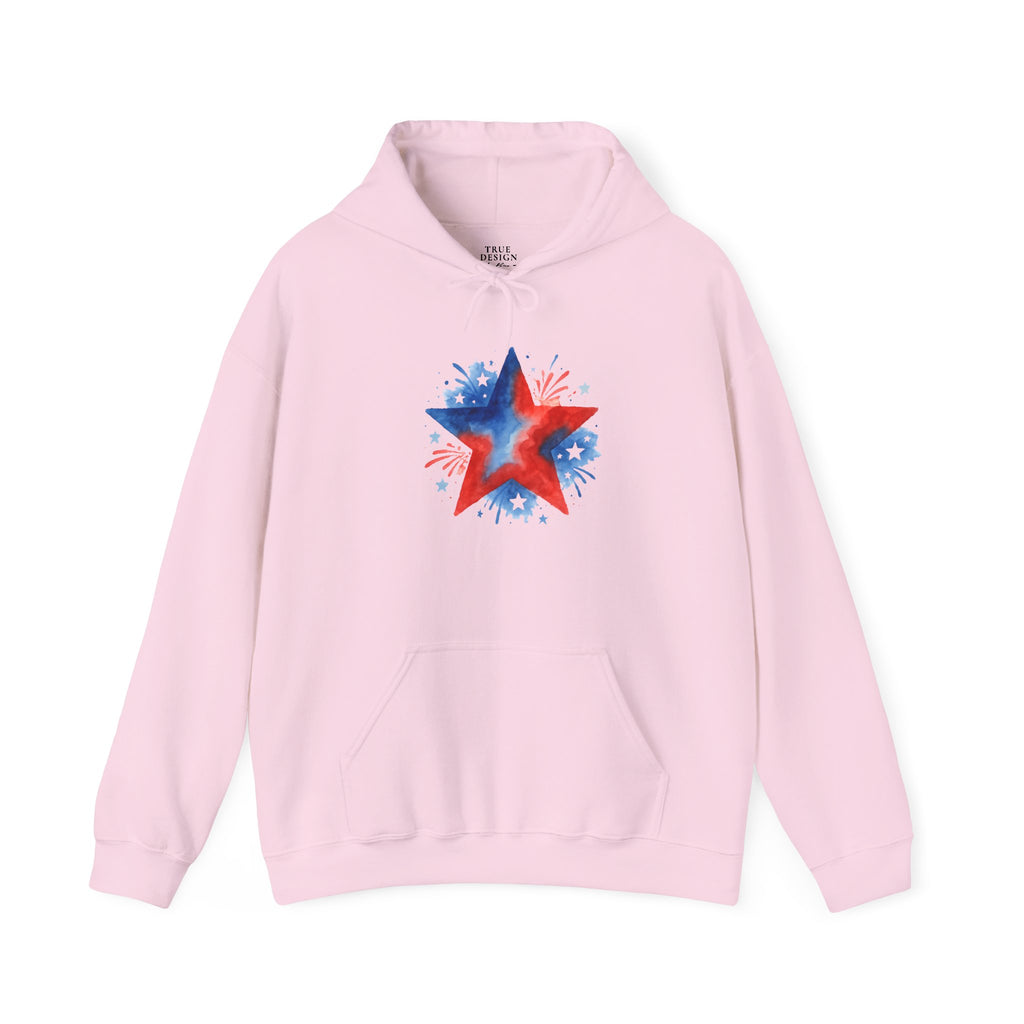 Patriotic Red & Blue Star Hoodie — 4th of July Firework Sweatshirt