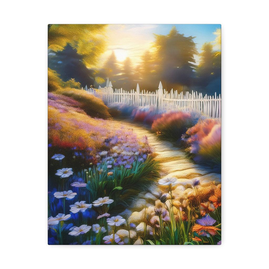 Sunlit Garden Path Stretched Canvas – Colorful Floral Landscape Wall Art