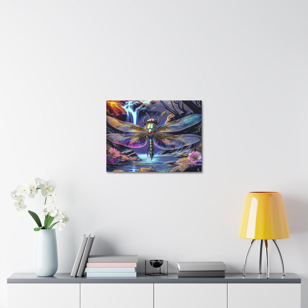 Dragonfly Fantasy Stretched Canvas Wall Art — Colorful Waterfall Nature Scene