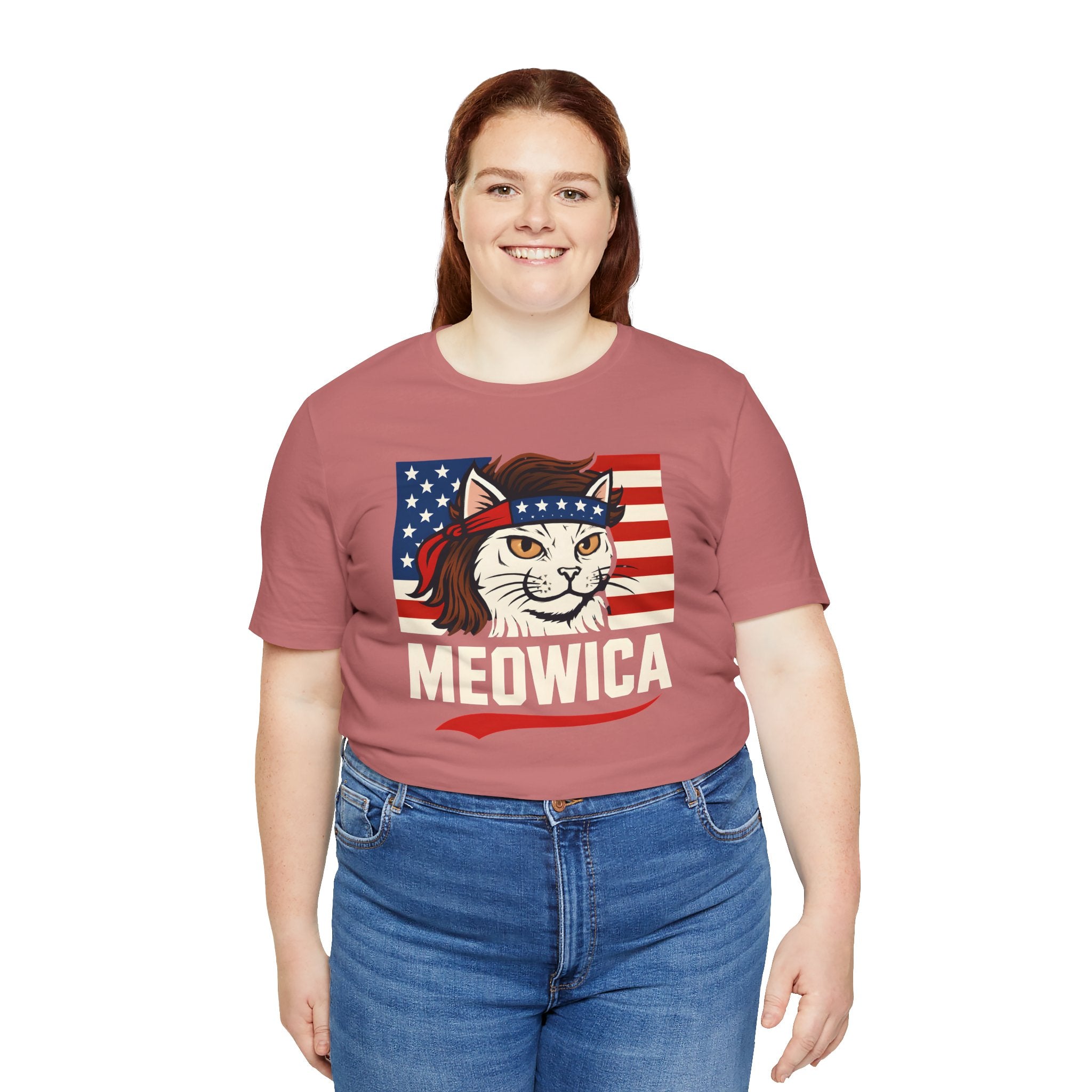 T-Shirt — "Meowica" Patriotic Cat Tee (American Flag, Funny 4th of July Shirt)