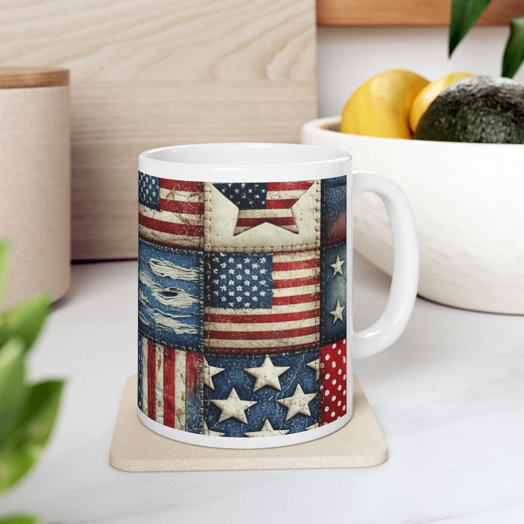 Patriotic Patchwork Ceramic Mug with American Flag Design