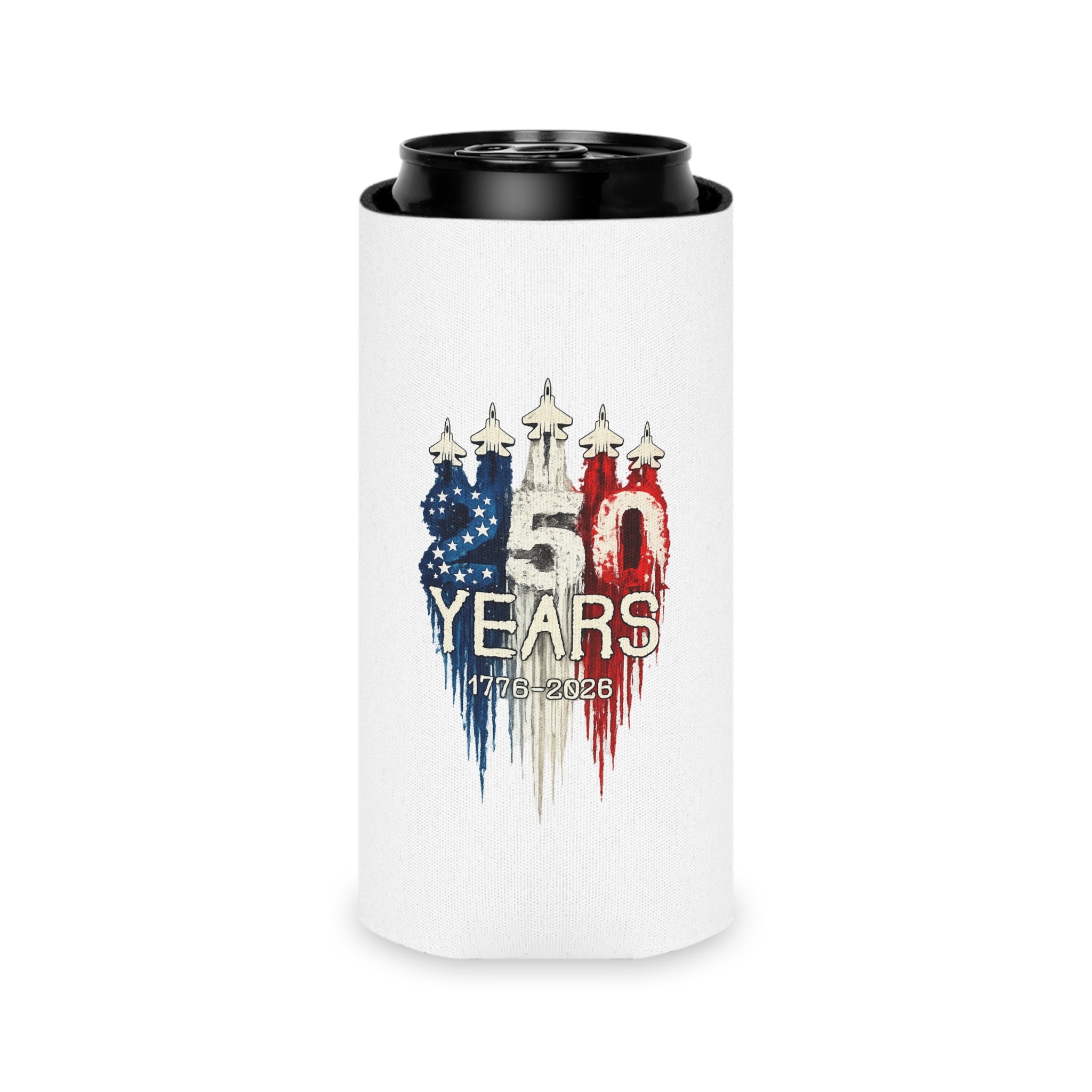 50 Years 1776–2026 Patriotic Can Cooler — American Flag Jet Anniversary