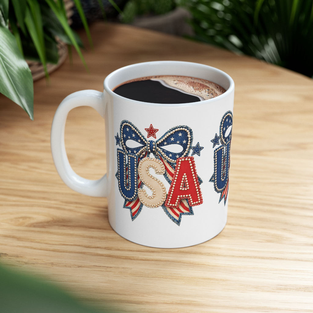 USA Patriotic Ceramic Mug with Bold Red White Blue Design