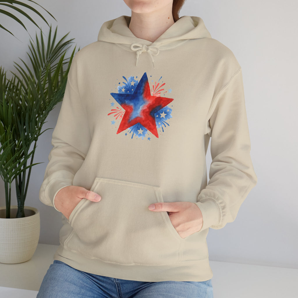 Patriotic Red & Blue Star Hoodie — 4th of July Firework Sweatshirt