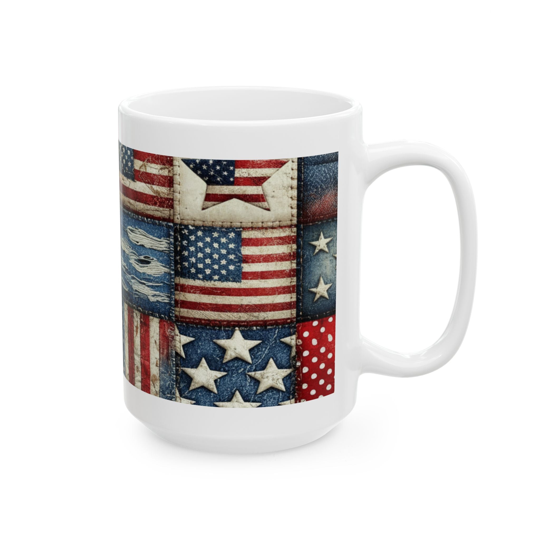 Patriotic Patchwork Ceramic Mug with American Flag Design