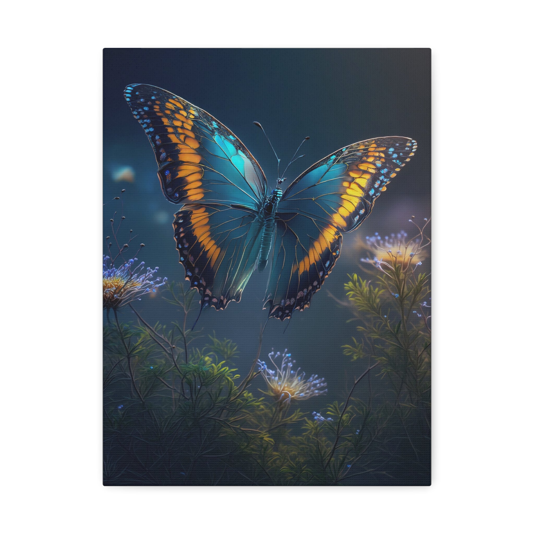 Blue & Gold Butterfly Stretched Canvas Wall Art — Dreamy Nature Print