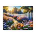 Sunlit Garden Path Stretched Canvas – Colorful Floral Landscape Wall Art