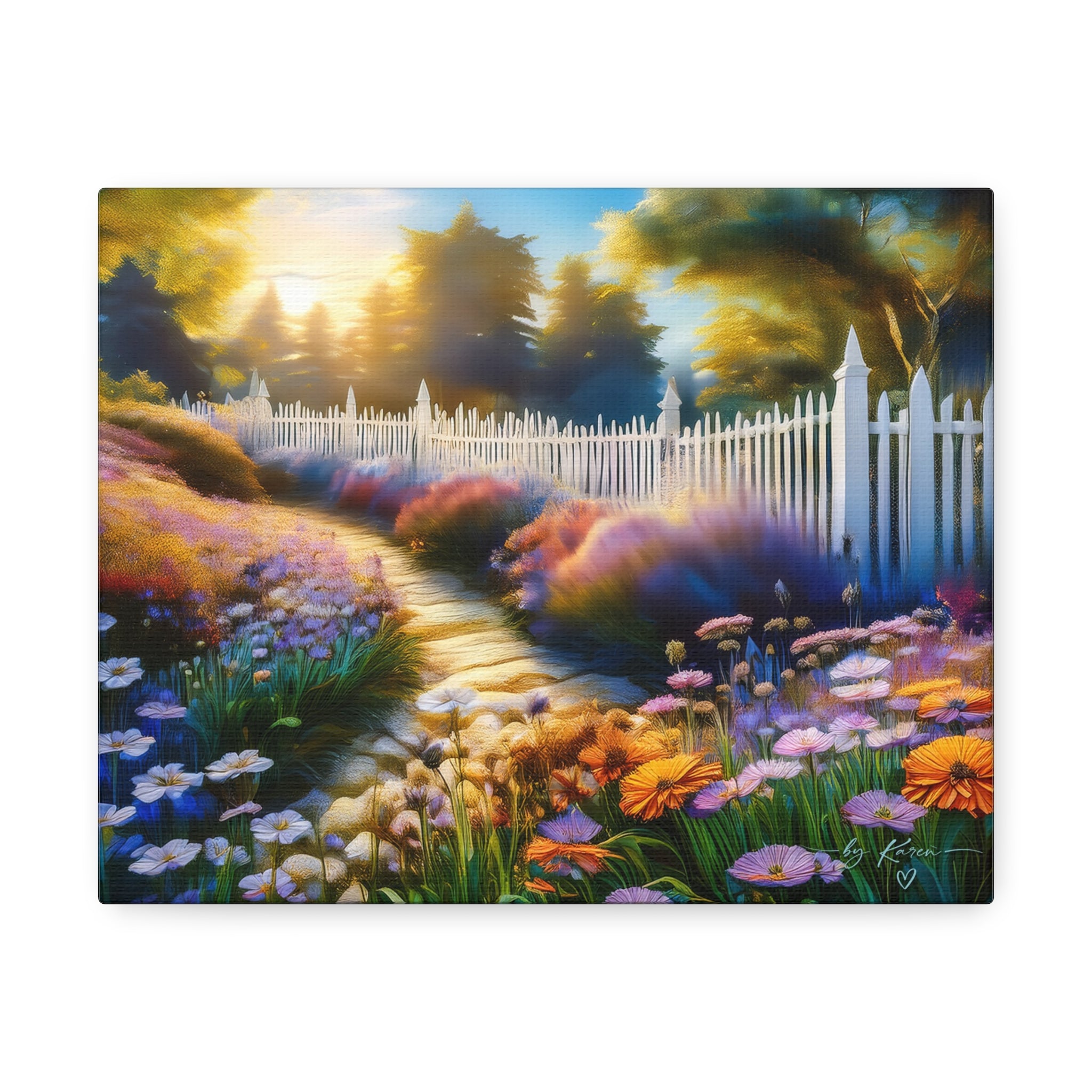 Sunlit Garden Path Stretched Canvas – Colorful Floral Landscape Wall Art