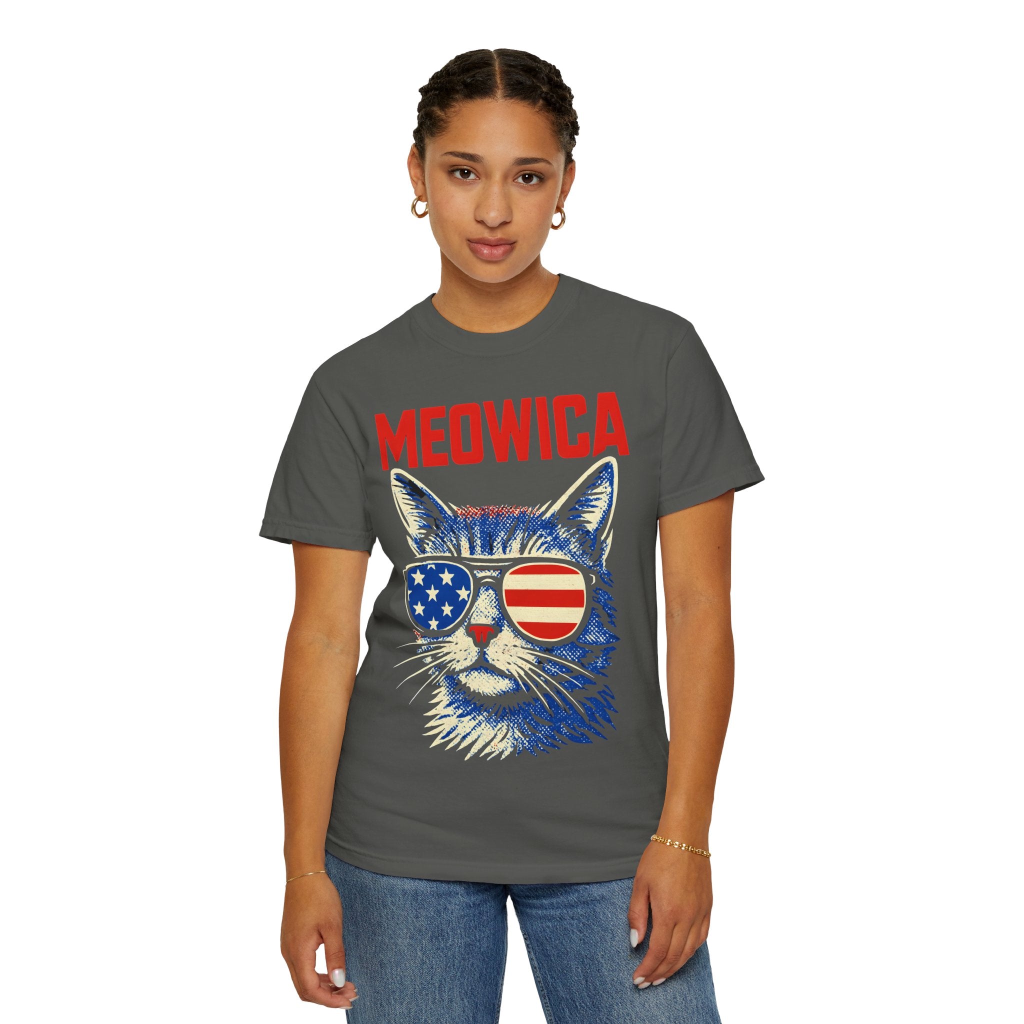 Meowica Cat T-Shirt — Patriotic American Flag Sunglasses Tee