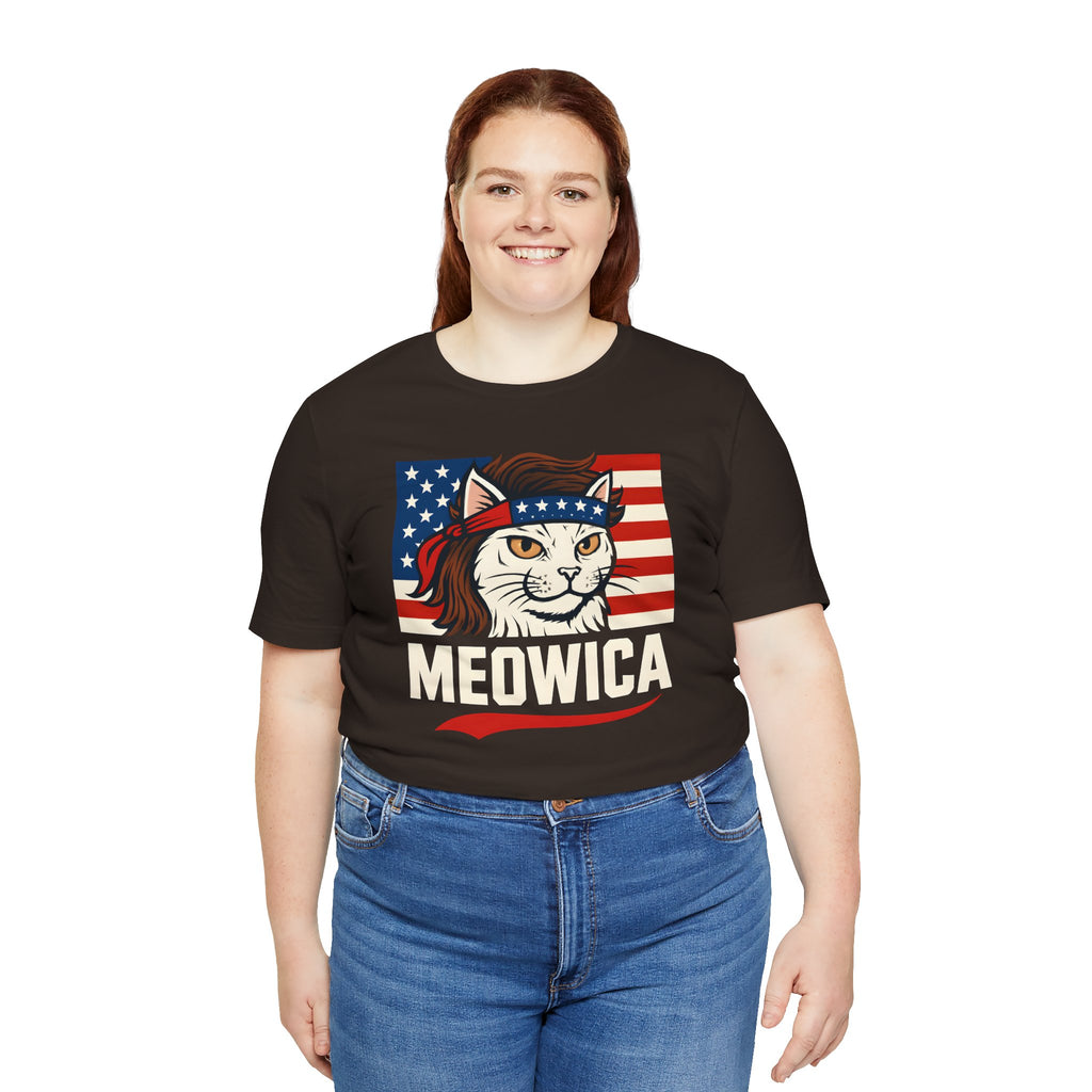 T-Shirt — "Meowica" Patriotic Cat Tee (American Flag, Funny 4th of July Shirt)