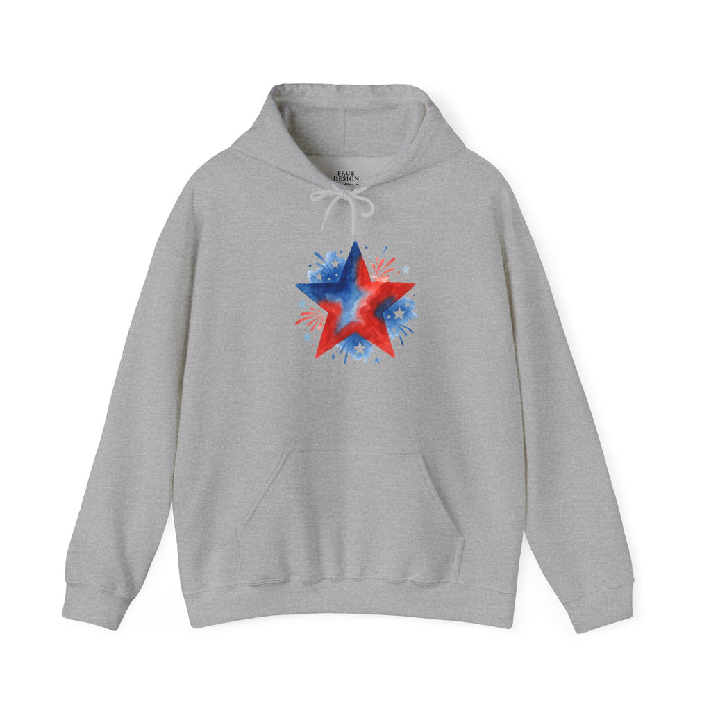 Patriotic Red & Blue Star Hoodie — 4th of July Firework Sweatshirt