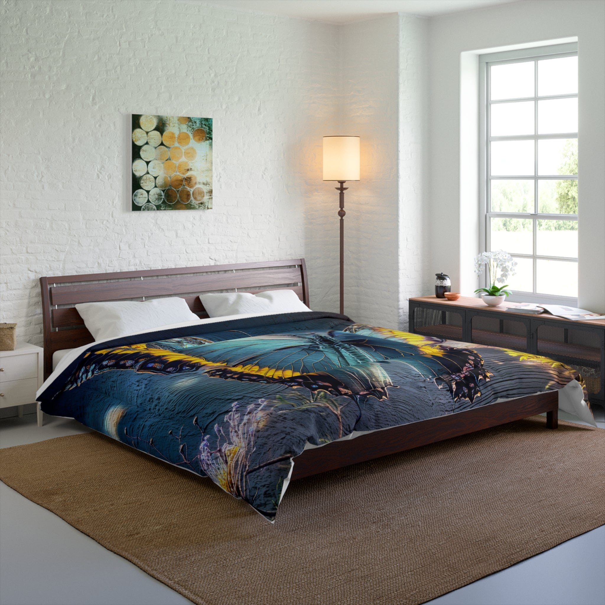 Blue Butterfly Comforter - Floral Nature Bedding, Dreamy Garden Bedroom Décor