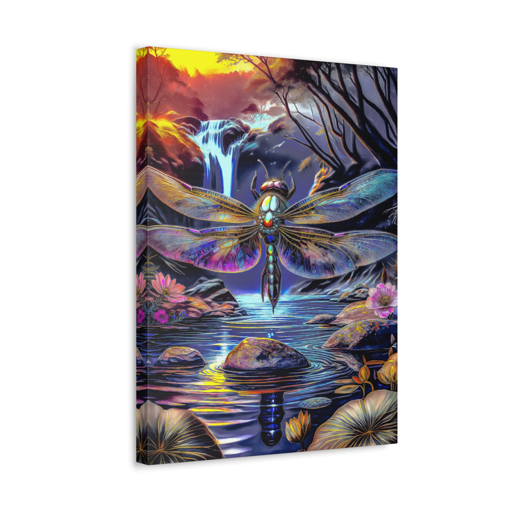 Dragonfly Fantasy Stretched Canvas Wall Art — Colorful Waterfall Nature Scene