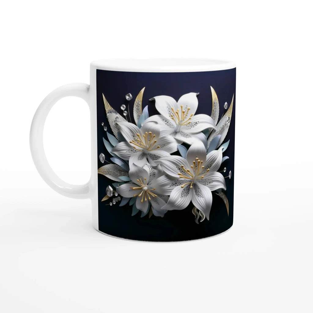Glossy 11oz ceramic mug with floral design and colored rim