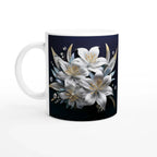 Glossy 11oz ceramic mug with floral design and colored rim