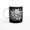 Glossy 11oz ceramic mug with floral design and colored rim
