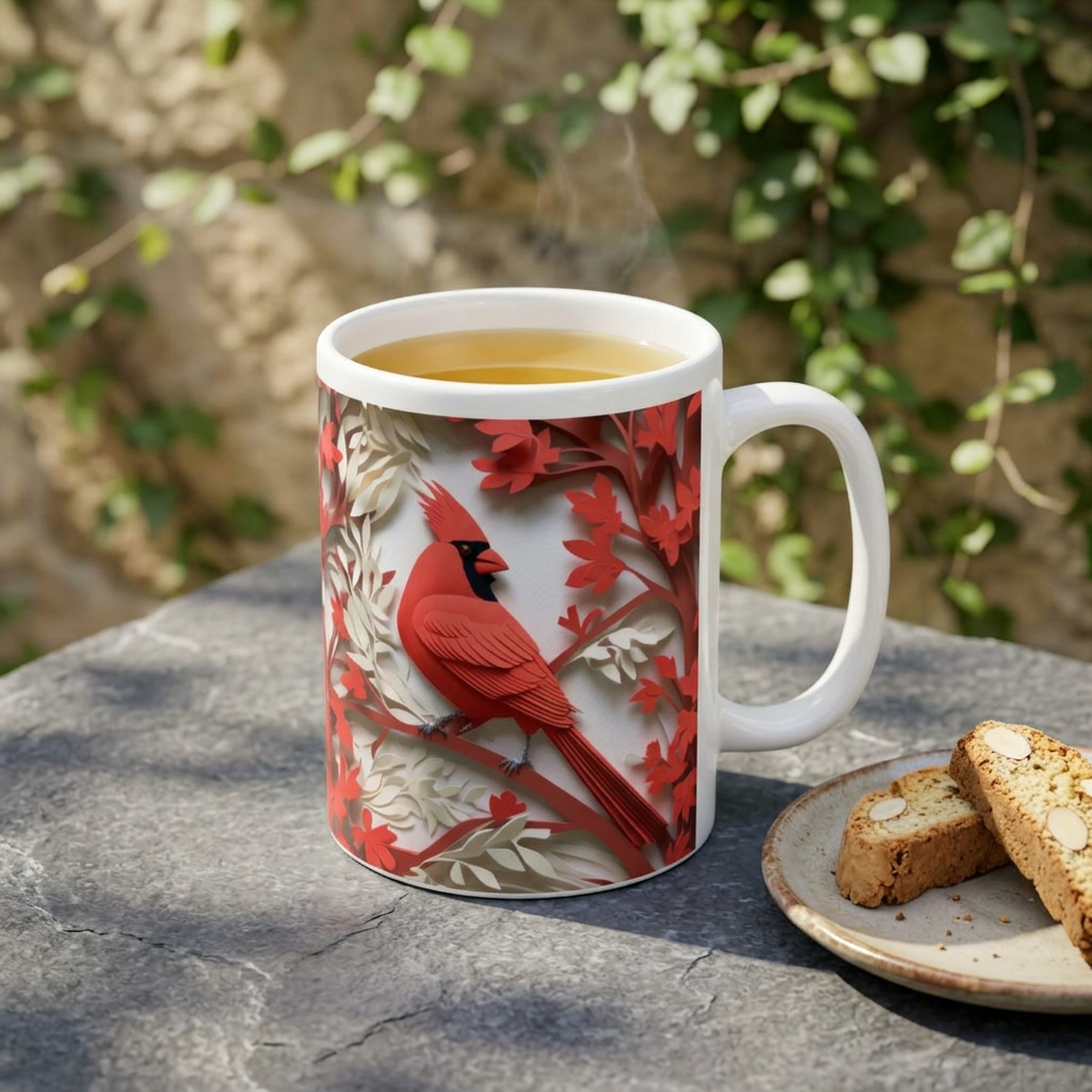 Red Paper-Cut Floral Ceramic Mug (11oz & 15oz) — Botanical Symmetry Coffee Cup