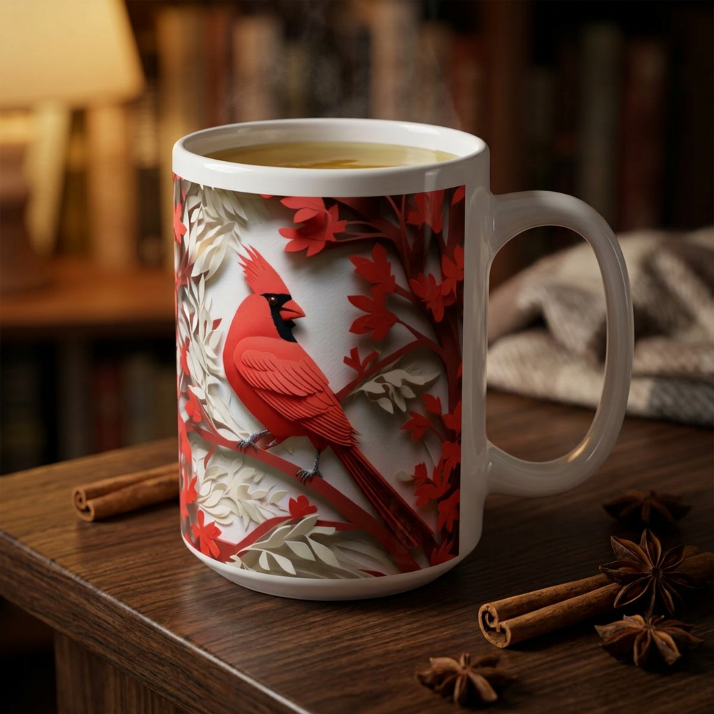 Red Paper-Cut Floral Ceramic Mug (11oz & 15oz) — Botanical Symmetry Coffee Cup