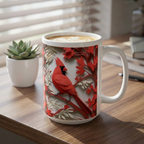 Red Paper-Cut Floral Ceramic Mug (11oz & 15oz) — Botanical Symmetry Coffee Cup