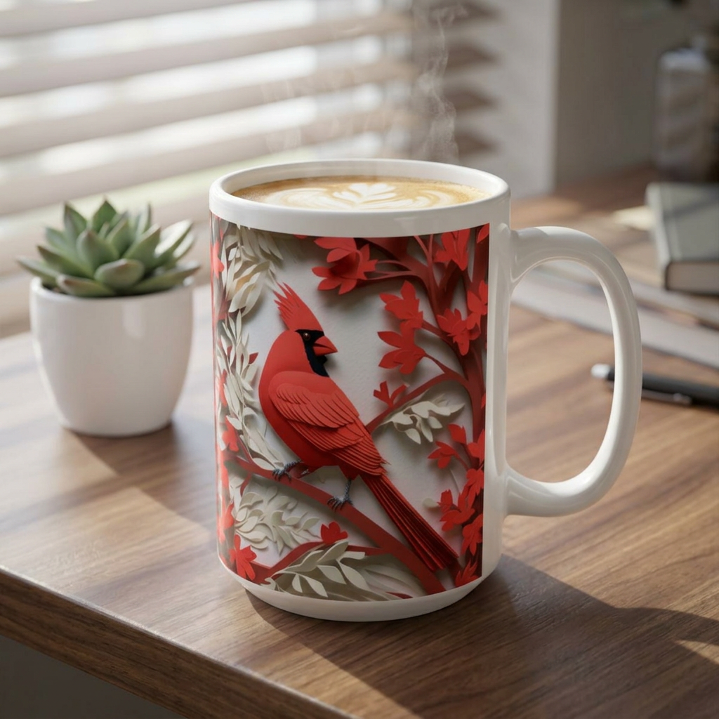 Red Paper-Cut Floral Ceramic Mug (11oz & 15oz) — Botanical Symmetry Coffee Cup