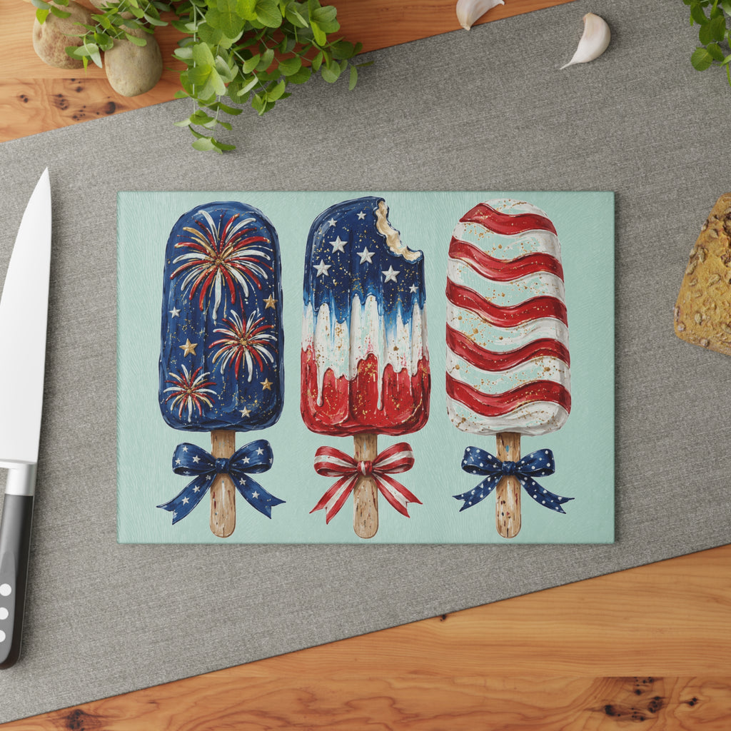 Patriotic Popsicle Glass Cutting Board for Kitchen Prep