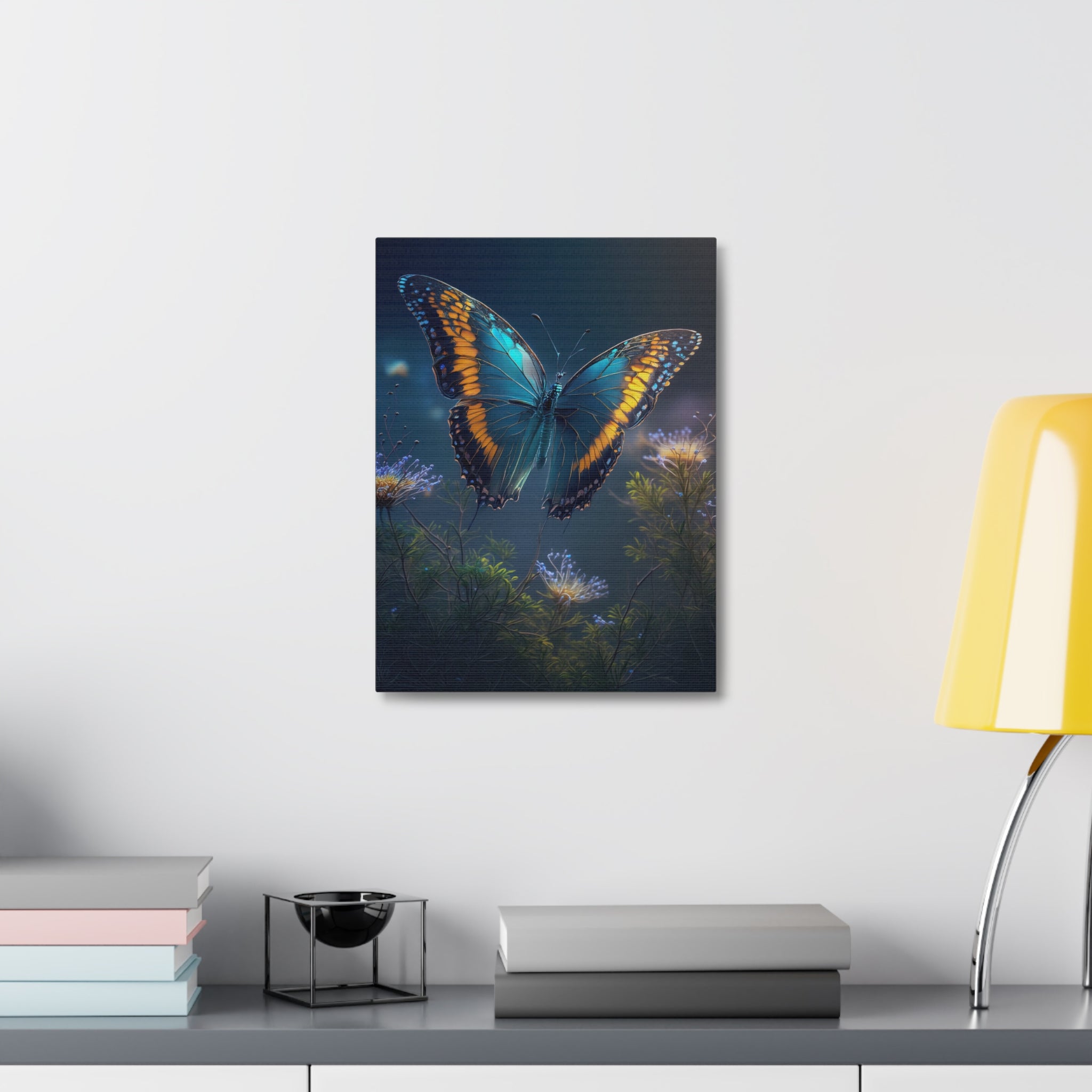 Blue & Gold Butterfly Stretched Canvas Wall Art — Dreamy Nature Print