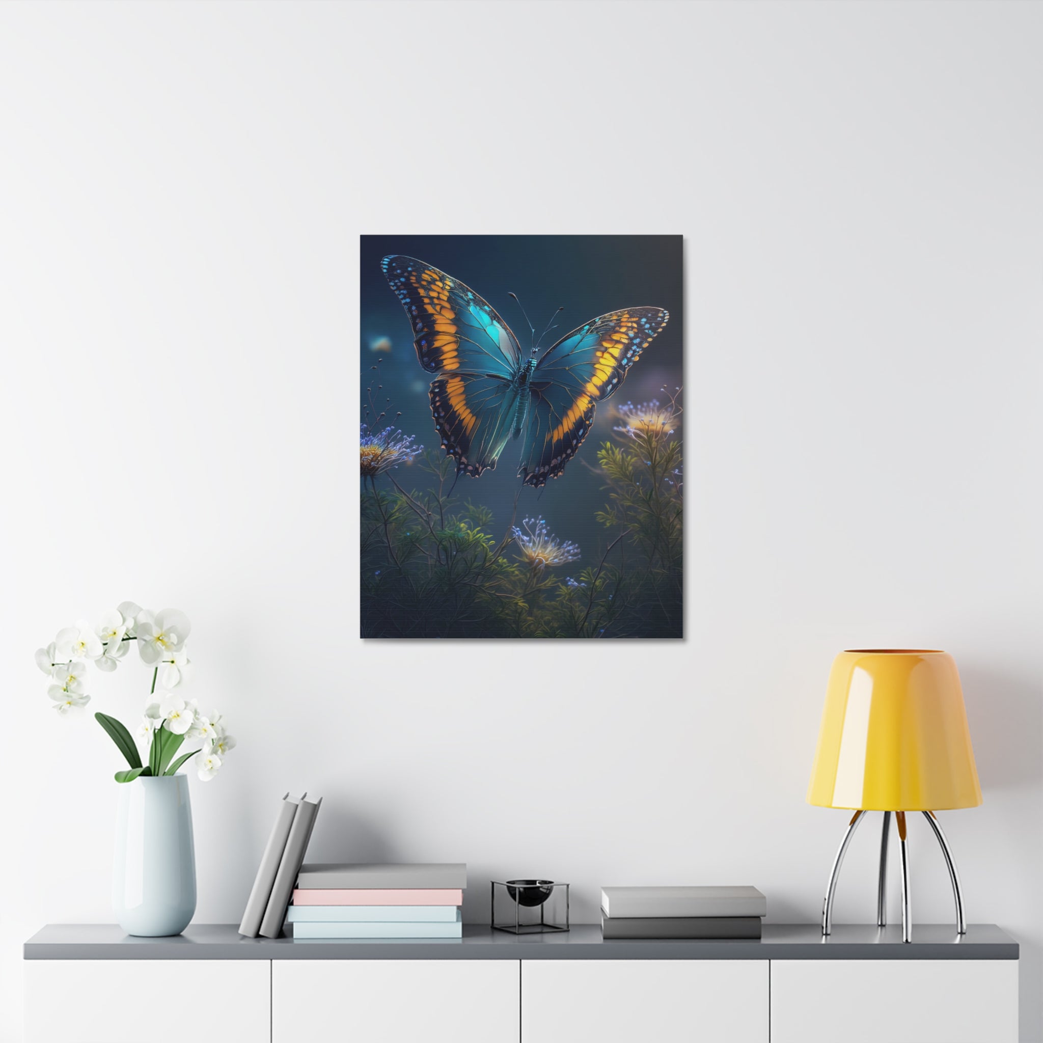 Blue & Gold Butterfly Stretched Canvas Wall Art — Dreamy Nature Print